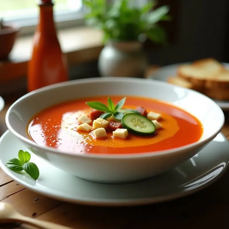 Cuenco de cerámica blanca con gazpacho andaluz fresco, trocitos de pan tostado flotando en la superficie, decorado con un hilo de aceite de oliva virgen extra y rodajas finas de pepino verde. Fondo con mesa de madera rústica y hierbas frescas.