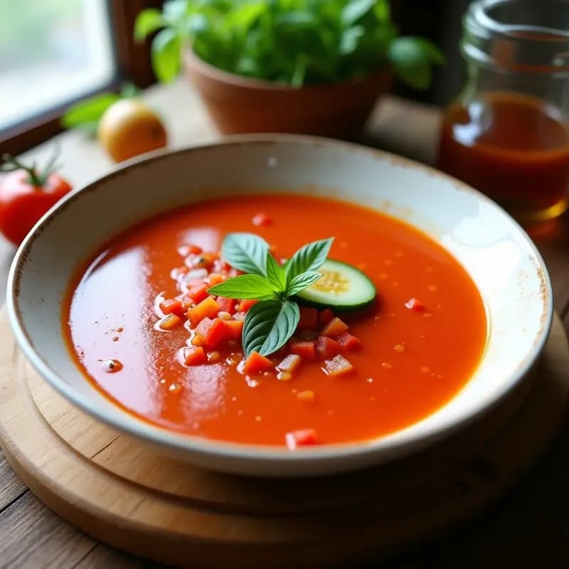Cuenco de gazpacho andaluz vegano sin pan, color rojo intenso, decorado con trozos de pimiento, pepino y un hilo de aceite de oliva. Plato fresco y veraniego.