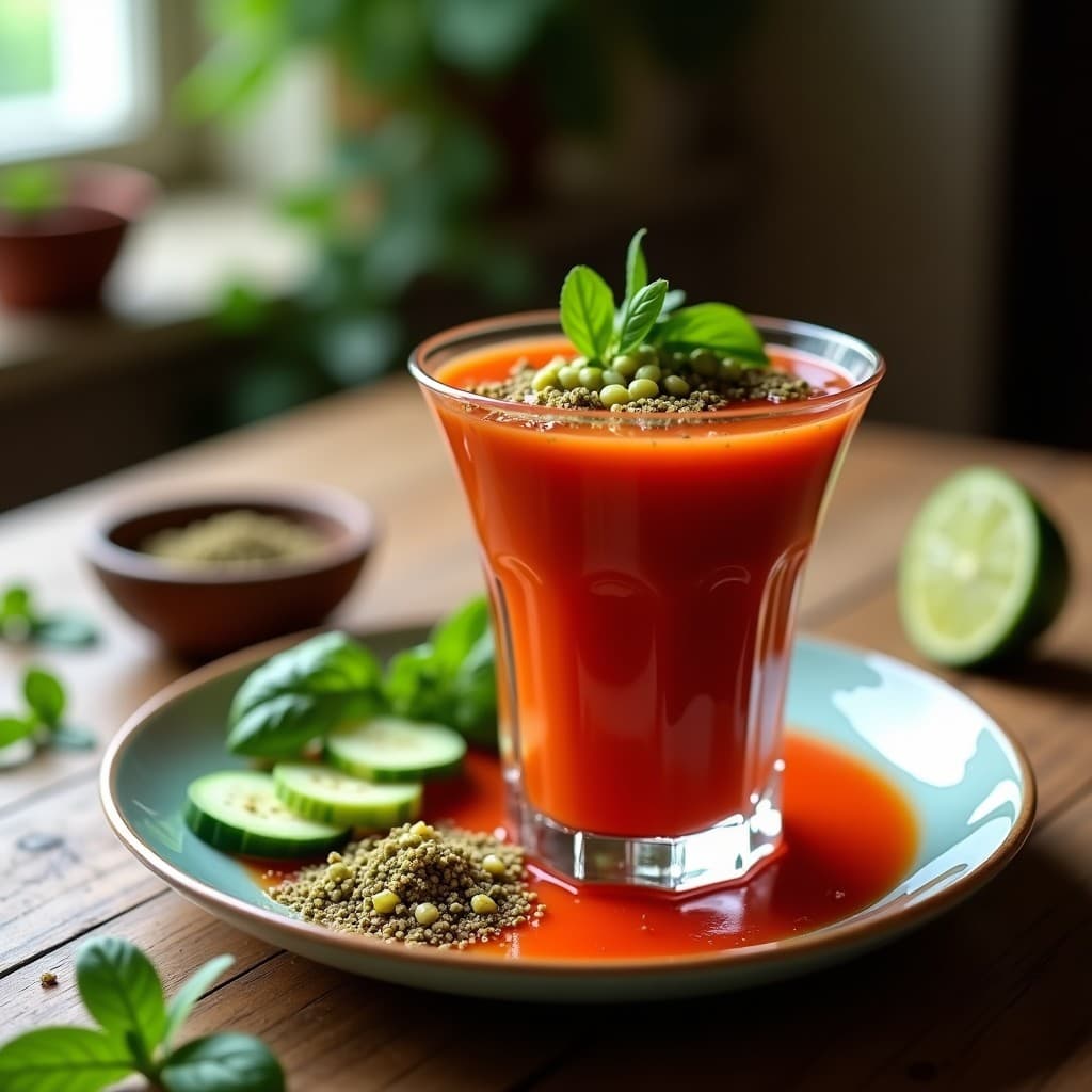 Vaso de cristal alto con gazpacho andaluz espeso, decorado con zaatar espolvoreado, hilo de aceite de oliva y trocitos de pepino fresco, sobre fondo rústico de madera con hierbas aromáticas.
