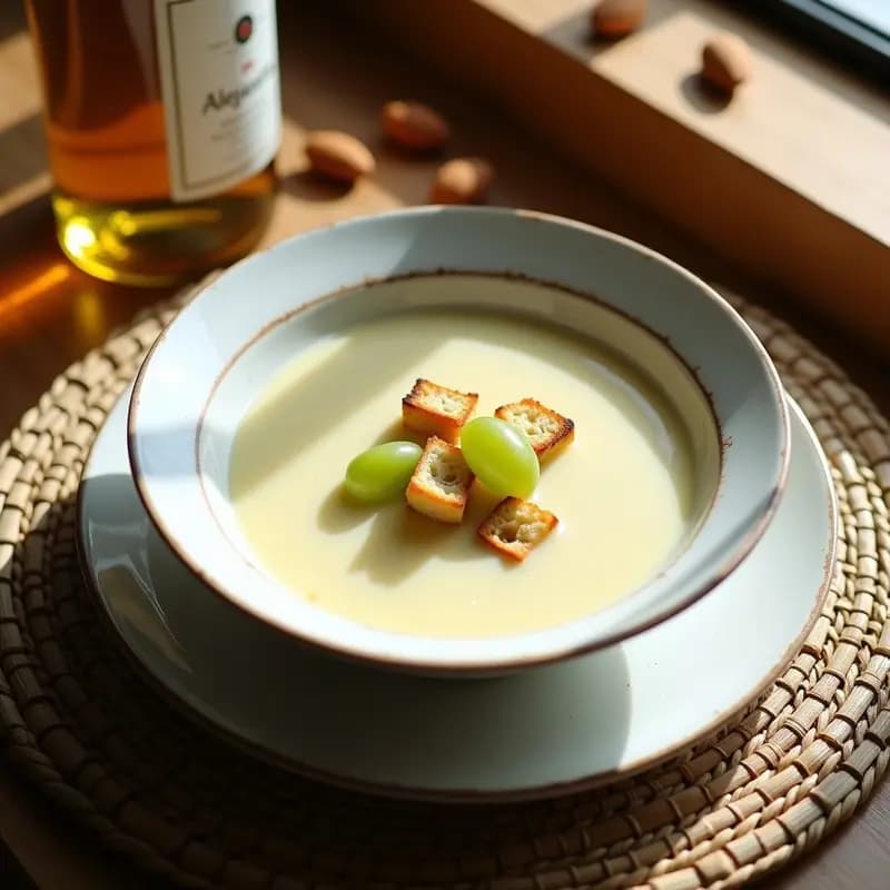 Cuenco de cerámica blanca con gazpacho blanco cremoso, decorado con uvas verdes y trozos de pan tostado, sobre fondo rústico de madera con botella de vino moscatel al lado.