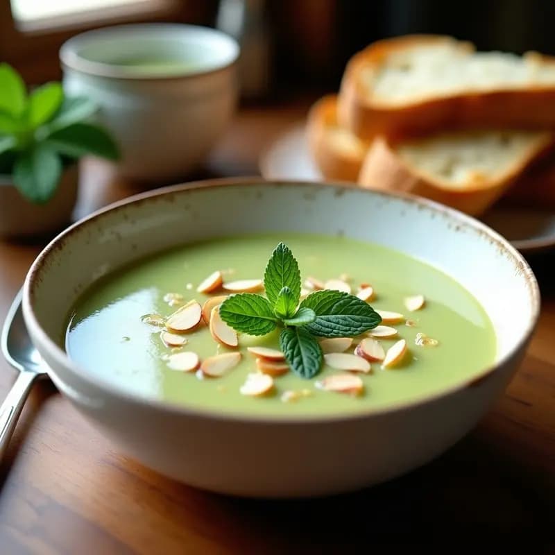 Cuenco de cerámica blanca con gazpacho de alcachofa y almendras, decorado con hojas de menta y virutas de almendra, sobre fondo rústico de madera con pan tostado al lado.