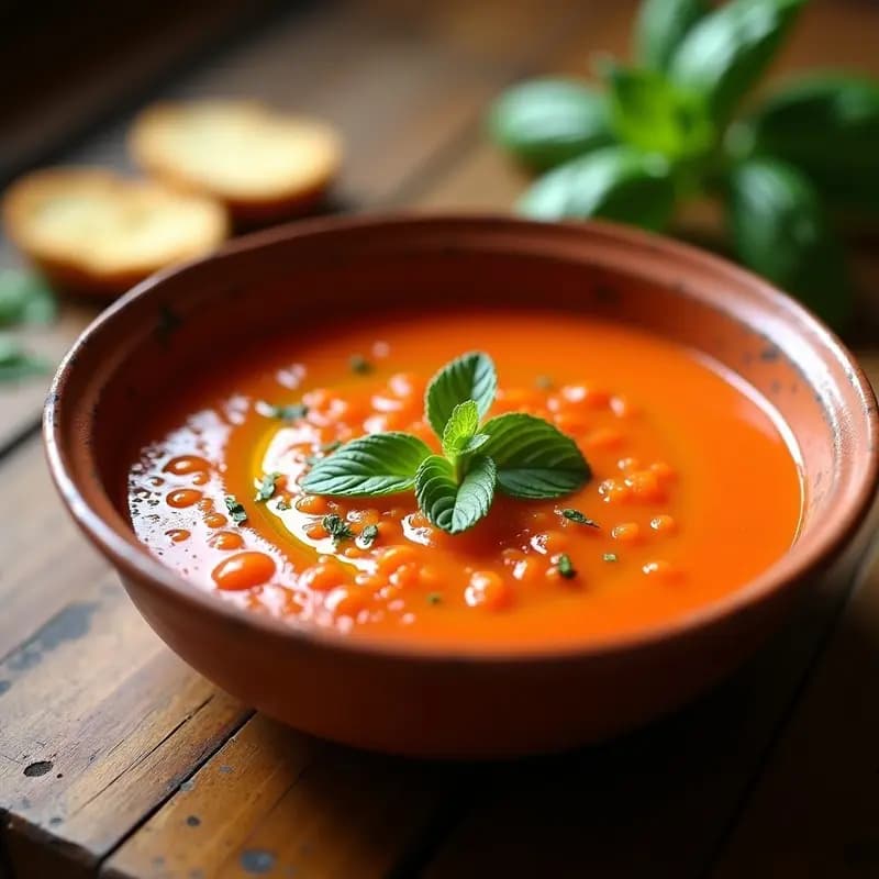 Cuenco de barro rústico con gazpacho extremeño frío, de color rojo intenso, decorado con trocitos de pepino, pimiento verde y un hilo de aceite de oliva virgen extra. Fondo de mesa de madera con hierbas frescas y pan tostado.