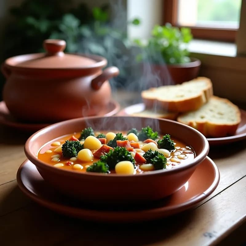 Olla de barro humeante con gazpacho gallego caliente, lleno de col rizada, patatas y alubias, servido en cuencos de cerámica rústica.