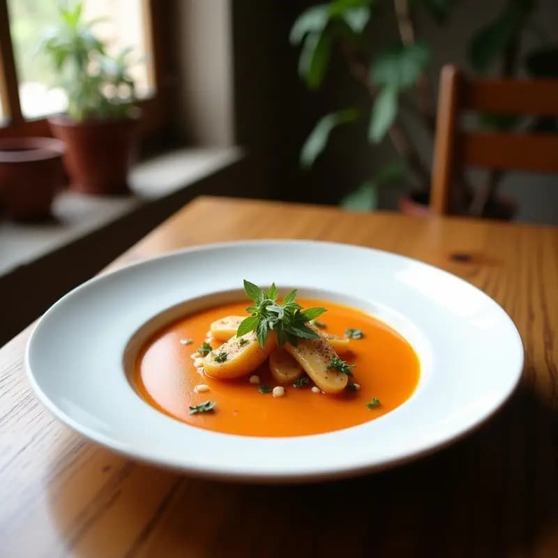 Cazuela de barro humeante con gazpacho manchego caliente espeso, verduras troceadas y tortilla francesa encima, servido en cuenco rústico de cerámica. Plato tradicional de invierno contundente.