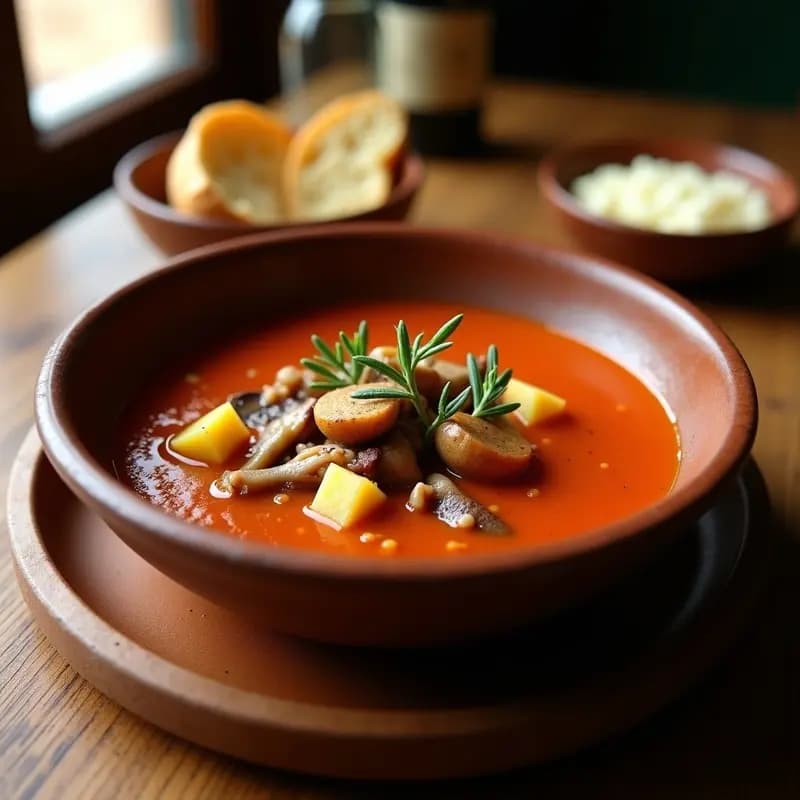 Gazpacho manchego tradicional en un plato hondo de barro, con trozos tiernos de conejo, setas doradas, patatas y una salsa espesa y aromática, servido sobre una mesa rústica de madera con pan tostado al lado.