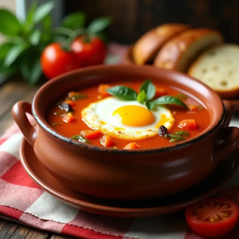 Cazuela de barro humeante con Gazpacho Manchego caliente, espeso y dorado, con huevos poché, trozos de pan, tomate y pimientos. Plato tradicional de La Mancha servido en cuenco rústico con chorrito de aceite de oliva.