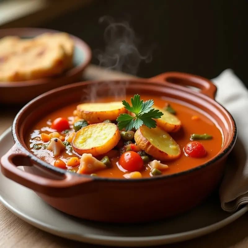 Cazuela de barro humeante con gazpacho manchego tortuga, lleno de trozos de conejo, patatas, verduras y cuadrados de masa fina. Plato rústico y tradicional de La Mancha.