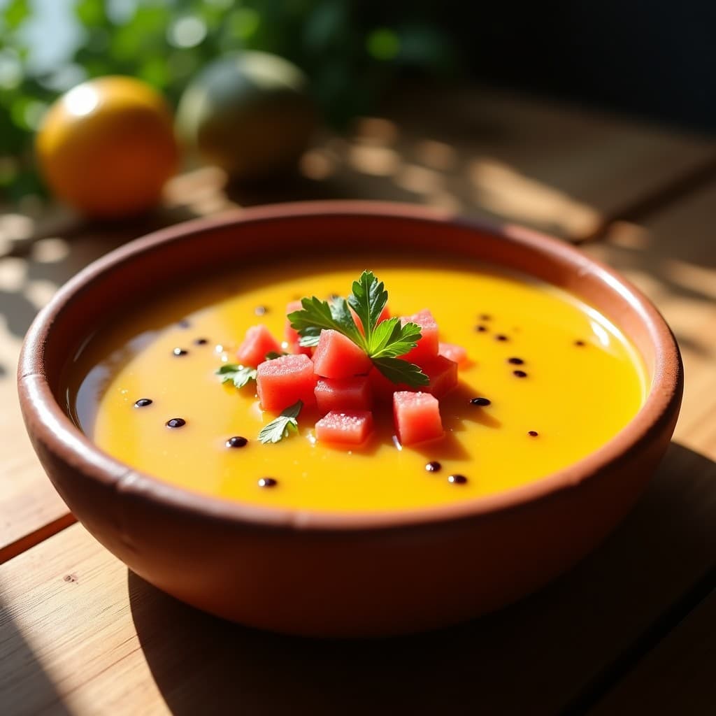 Gazpacho de maracuyá con trozos de sandía en cuenco de cerámica blanca, decorado con hojas de menta fresca y hielo picado, con fondo de mesa rústica de madera.