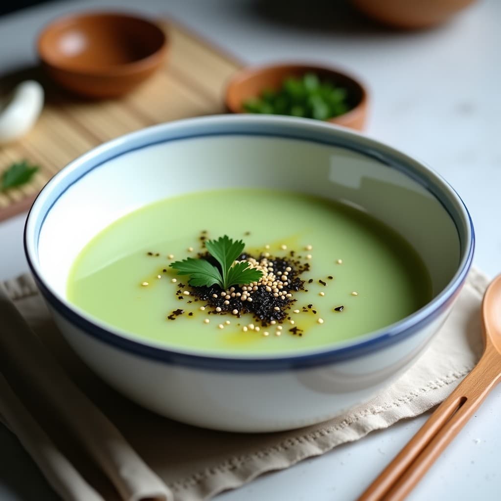 Gazpacho japonés servido en cuenco de cerámica blanca con bordes azules, decorado con semillas de sésamo tostadas y hojas de cilantro fresco. El plato muestra un líquido verde claro con trozos de pepino, alga nori desmenuzada y un toque de aceite de sésamo brillante en la superficie. Fondo minimalista con elementos zen como una cuchara de madera y una servilleta de lino.
