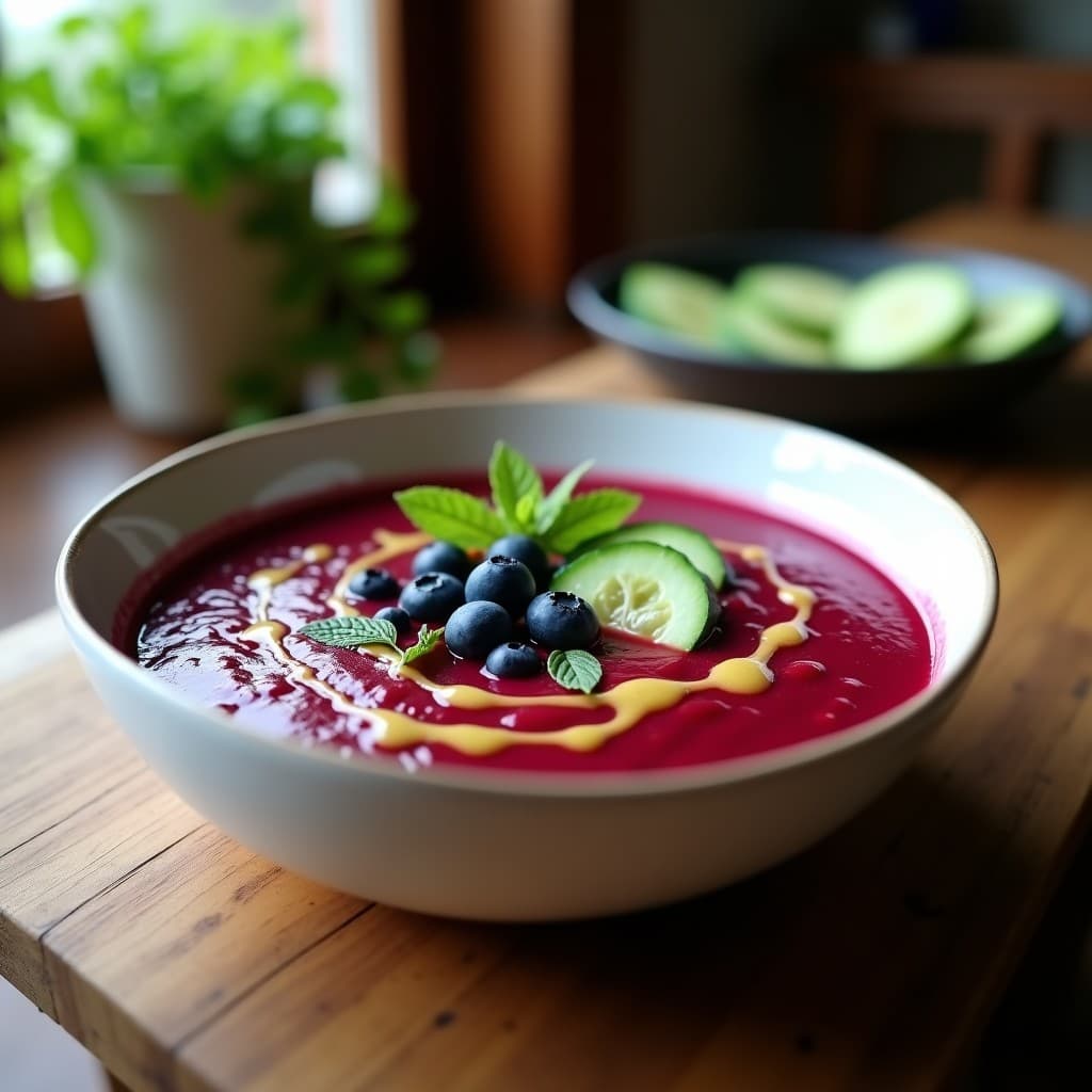 Gazpacho de Remolacha y Arándanos con Vinagreta de Mostaza servido en un cuenco blanco sobre fondo de madera rústica. La sopa fría detox tiene un color vibrante rojo-púrpura, decorada con rodajas de pepino, arándanos frescos, hojas de menta y un hilo dorado de vinagreta de mostaza. Luz natural que resalta la frescura de los ingredientes.