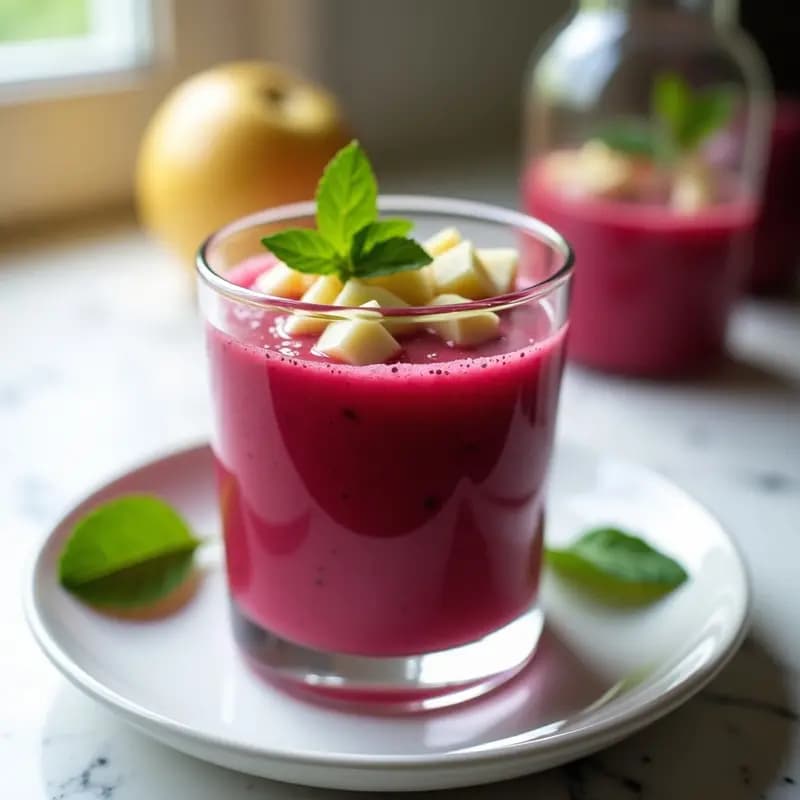 Gazpacho de remolacha y manzana sin tomate servido en copa de cristal transparente, con trozos de manzana verde y hojas de menta fresca como decoración, sobre fondo blanco con luz natural.