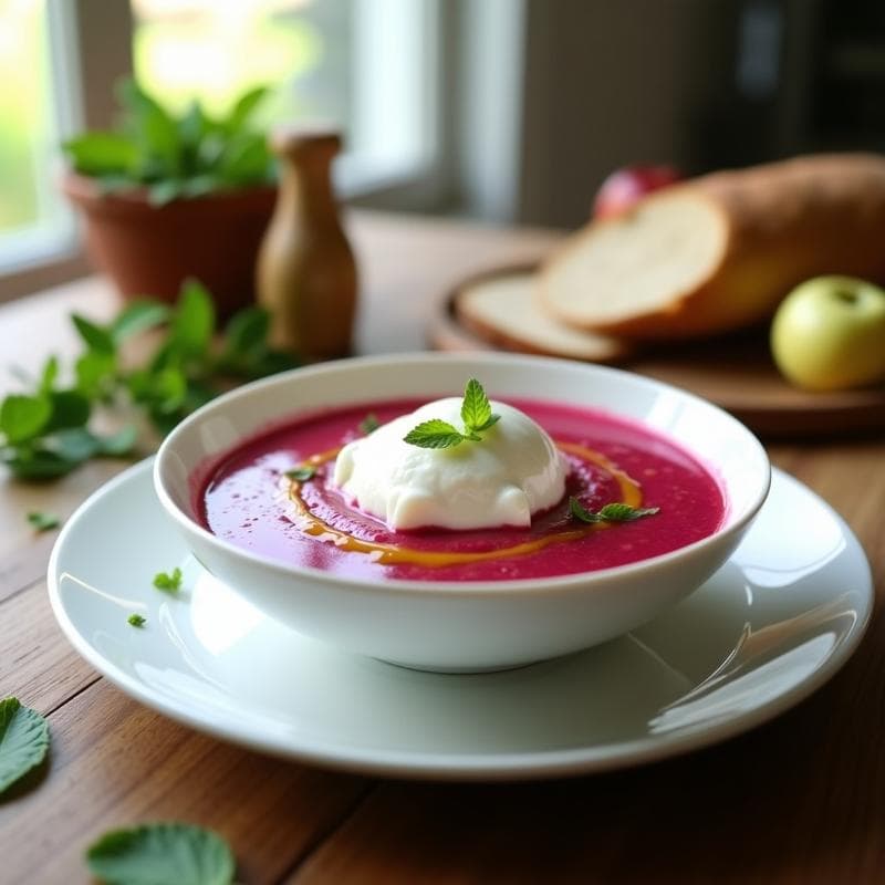 Cuenco blanco con gazpacho de remolacha y manzana verde, color fucsia intenso, coronado con una bola de helado de yogur griego cremoso, decorado con hojas de menta y un hilo de aceite de oliva virgen extra. Plato fresco y vibrante para verano.