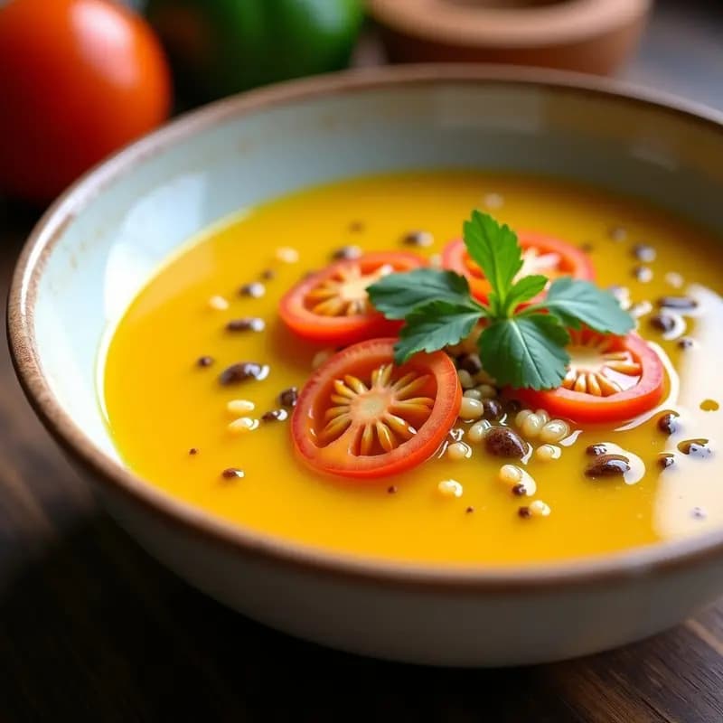 Cuenco blanco hondo con gazpacho andino de tomates amarillos y quinoa, de color dorado vibrante, decorado con rodajas de tomate amarillo, quinoa cocida, hilo de aceite de oliva y hojas de cilantro fresco sobre un fondo rústico de madera.
