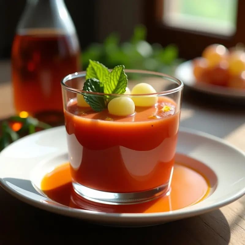 Cuenco de cerámica blanca con gazpacho andaluz frío de color rojo intenso, decorado con uvas blancas enteras, hojas de menta fresca y un hilo de aceite de oliva virgen extra. Fondo borroso con pan tostado y un vaso de agua con limón.