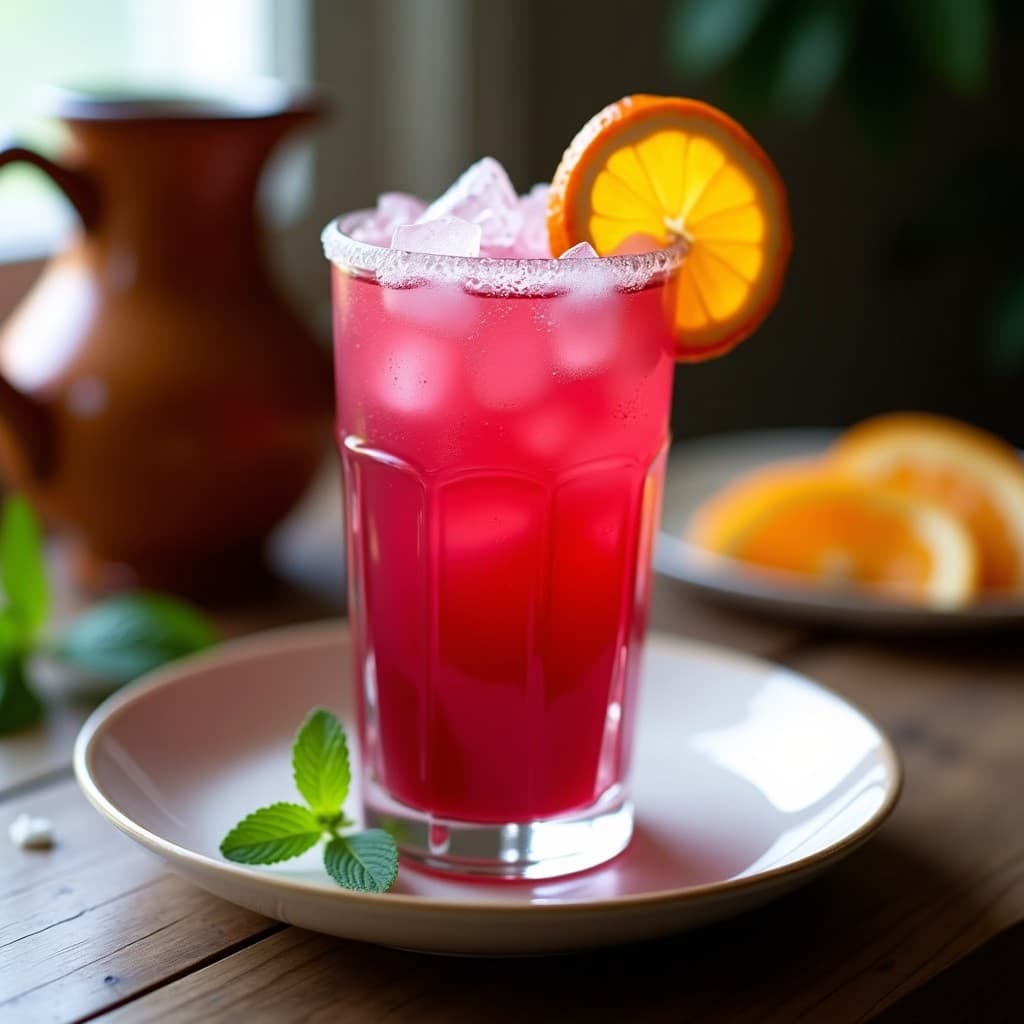 Vaso alto transparente con gazuza andaluza de remolacha y naranja, color vibrante entre rosa y anaranjado, decorado con rodaja de naranja y hielo, sobre fondo rústico de madera.