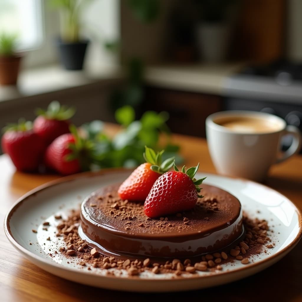 Gelatina de café y cacao vegana sin azúcar servida en copas de cristal transparente, con capas sutiles y espolvoreada con coco rallado. Postre ligero y elegante sobre fondo blanco.