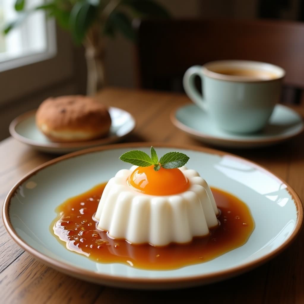 Gelatina transparente en moldes de silicona con capas degradadas de café de especialidad y agua de coco, decorada con virutas de coco tostado y polvo de cacao, servida en plato blanco rústico.