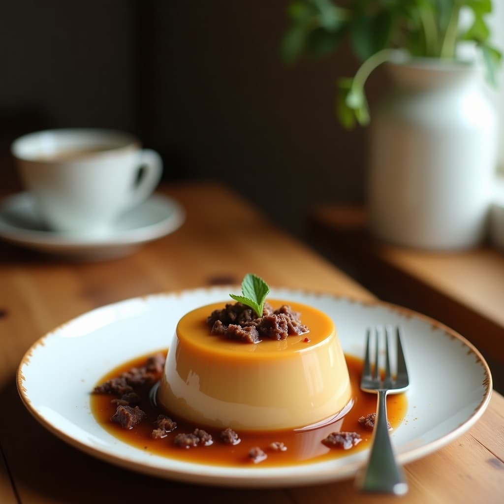 Gelatina de café con leche de coco vegana en copas de cristal transparente, con capas sedosas y espolvoreada de cacao puro, sobre fondo rústico de madera.