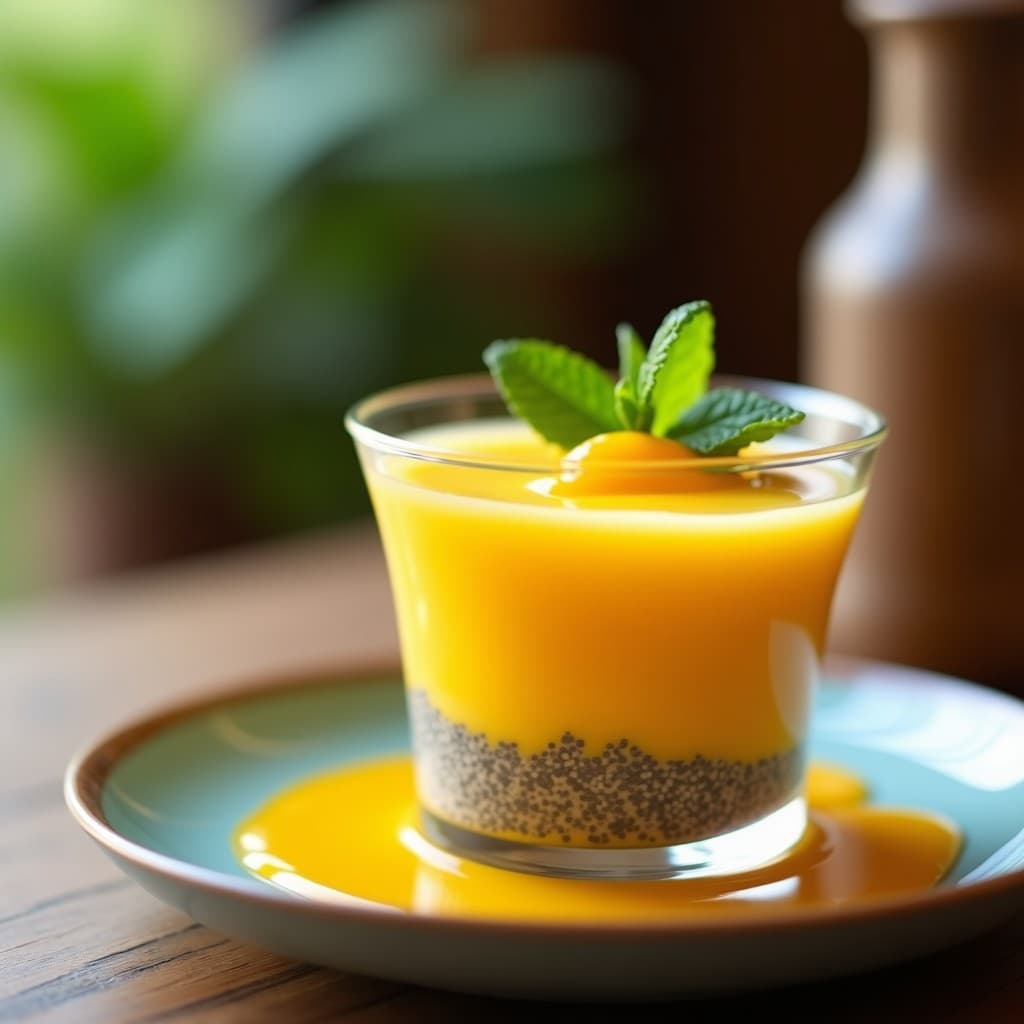 Gelatina de chía y mariquita con leche de almendras en copa de vidrio transparente, mostrando capas amarillas y blancas, decorada con semillas de chía y ralladura de limón sobre fondo rústico de madera.