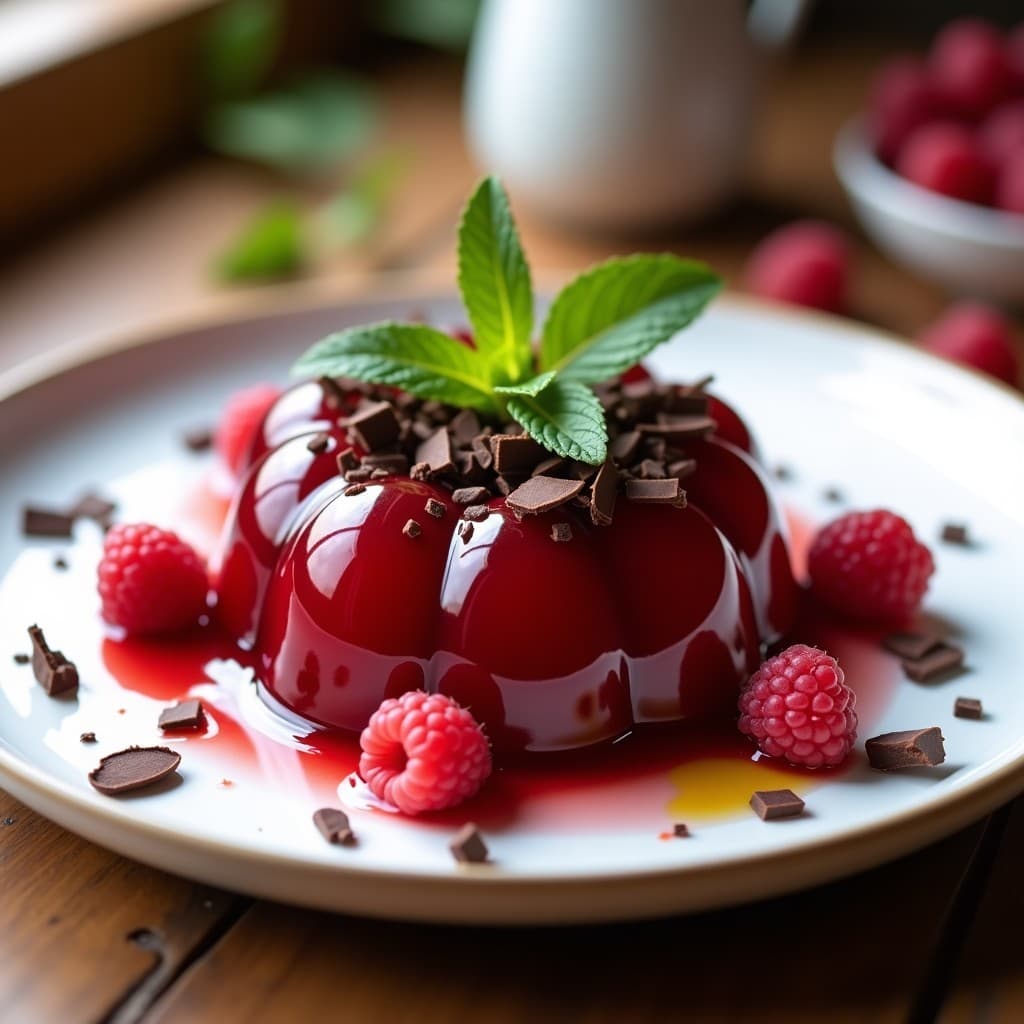 Porción de gelatina de frambuesa y aceite de oliva en copa de cristal transparente, con capas rojas intensas, virutas de chocolate negro 90% en la parte superior y hojas de menta fresca como decoración. Postre keto español sin azúcar, elegante y sofisticado.