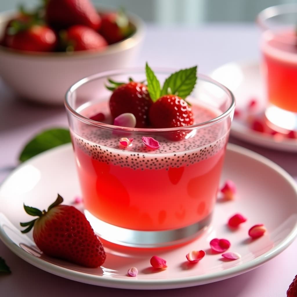 Gelatina de fresa con chía y agua de rosas servida en copa de cristal, decorada con fresas enteras, pétalos de rosa comestibles y hojas de menta, postre vegano sin azúcar.