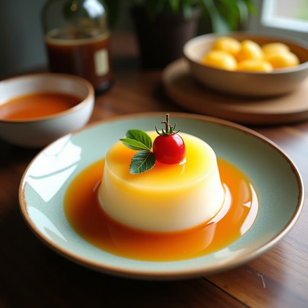 Gelatina vietnamita de color rojo intenso en copas de cristal, con capas cremosas de leche de coco y semillas de chía visibles, decorada con copos de coco tostados sobre fondo blanco.