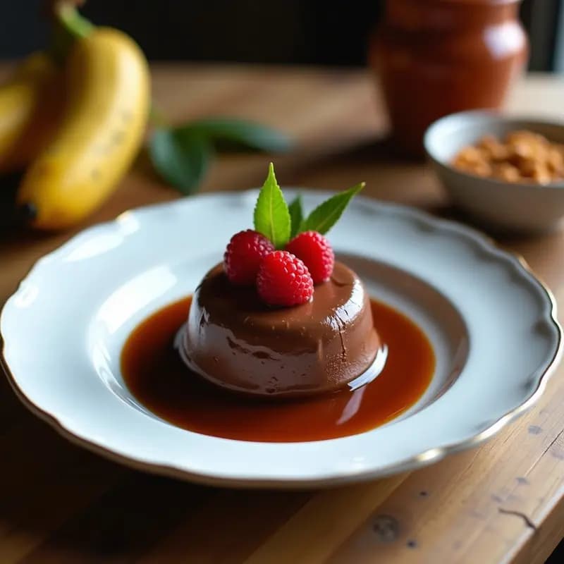 Gelatina de guanábana y chocolate amargo en copa de cristal, con capas bien definidas: base oscura de chocolate y capa superior amarilla de guanábana, decorada con semillas de chía y virutas de cacao. Postre colombiano vegano y sin azúcar.
