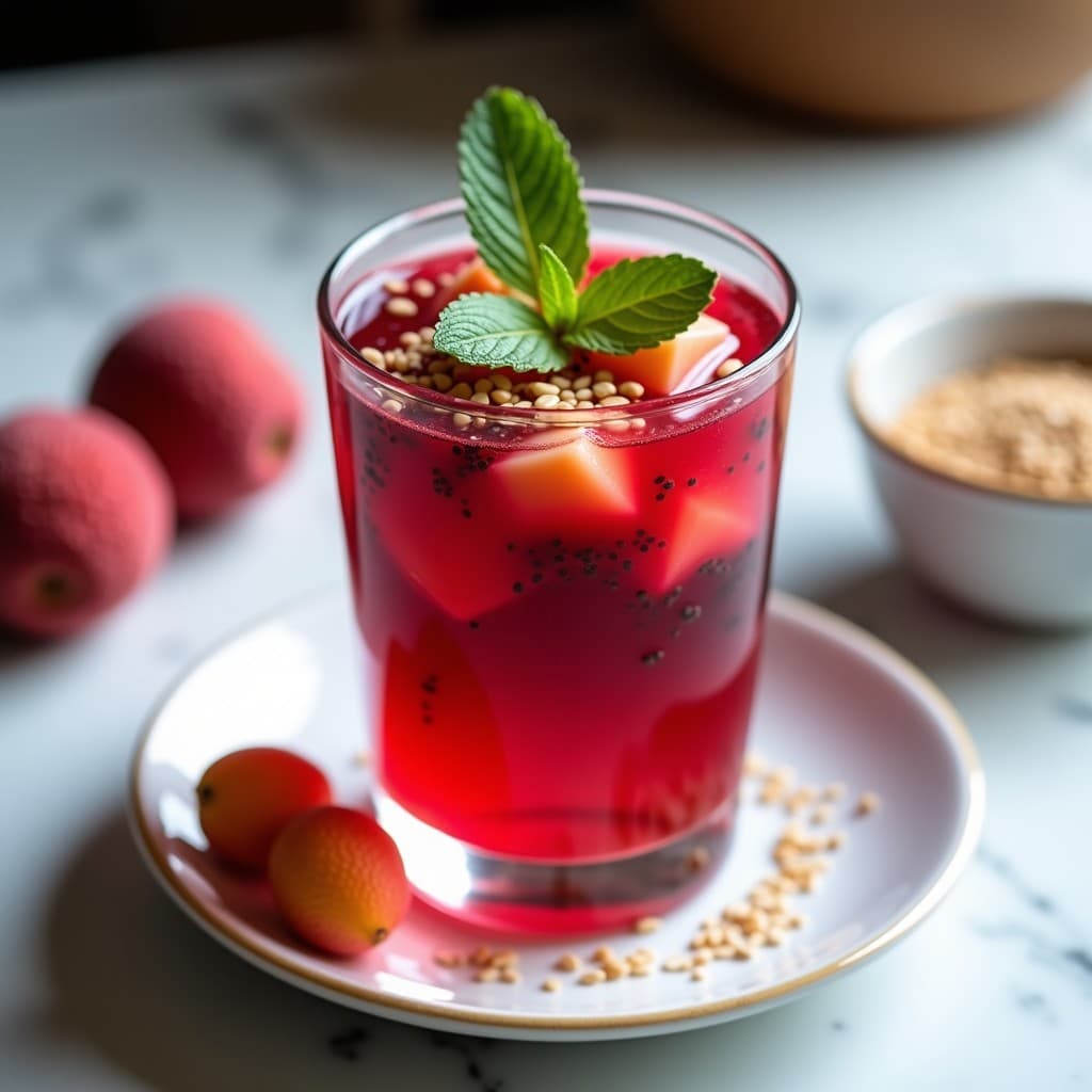 Copas de cristal transparente con gelatina de Jamaica en tonos rojizos, decorada con semillas de chía negras, trozos de litchi blanco y hojas de menta verde, sobre un fondo de madera clara.