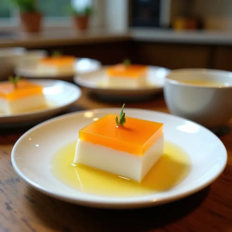 Copas de vidrio transparente con gelatina de lichi y lemongrass en capas rosadas y blancas de leche de coco, decorada con rodajas de lichi y hojas de menta, postre asiático refrescante y sin gluten sobre fondo claro.