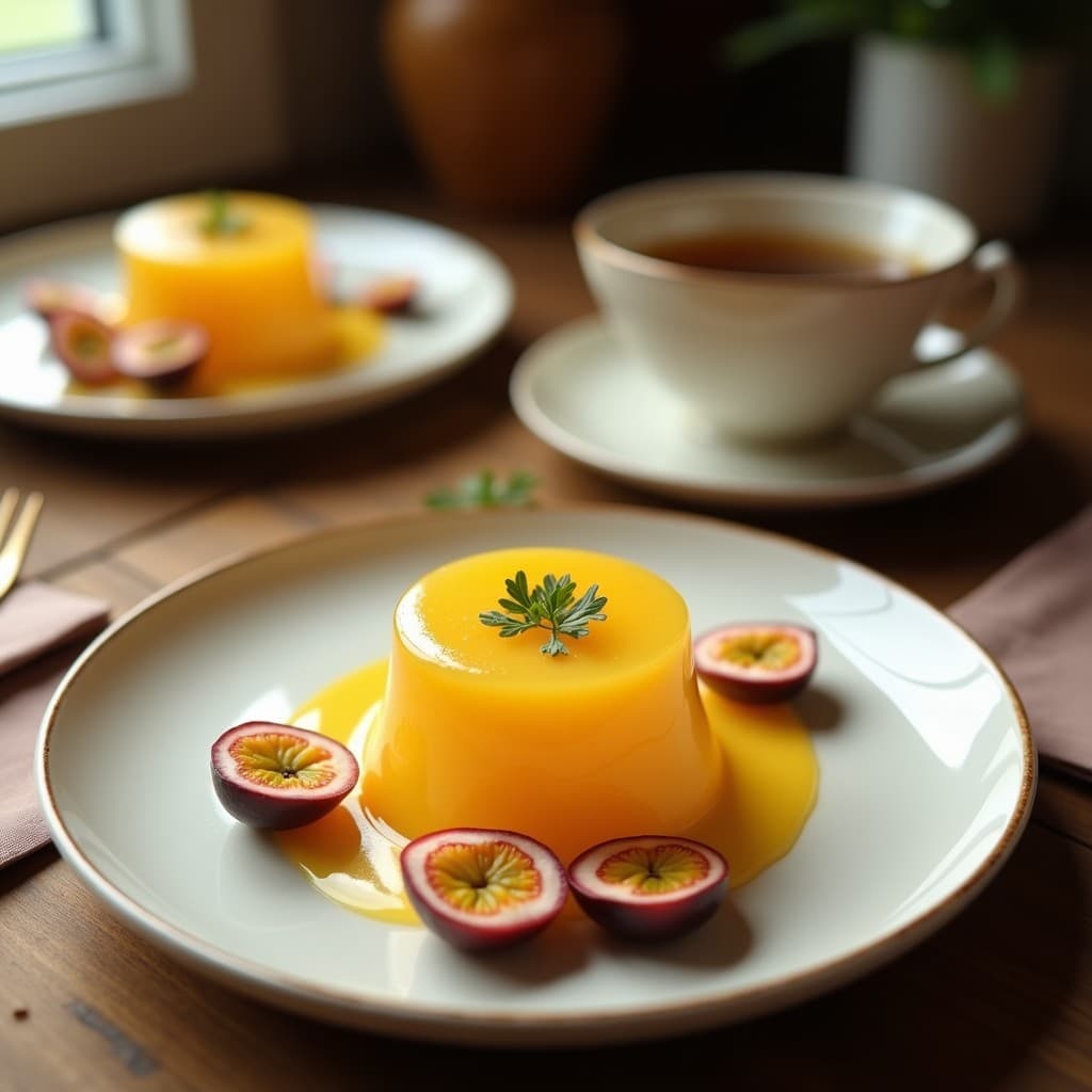 Gelatina vegana peruana de maracuyá y coco con base de agar, servida en moldes transparentes con capas visibles de coco rallado y semillas de maracuyá en la superficie, sobre un plato blanco con fondo de hojas tropicales.