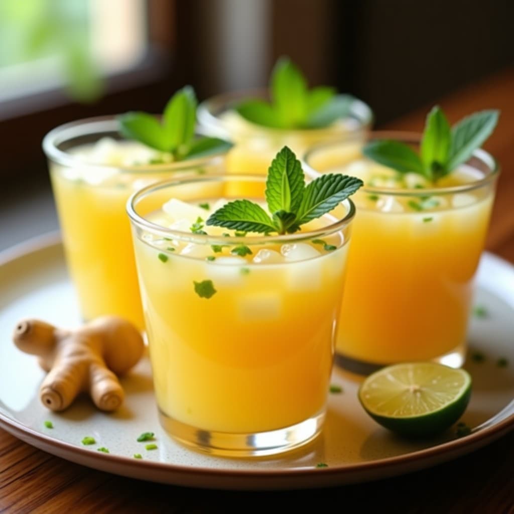 Gelatina de mélon con jengibre y lima en copas de cristal transparente, decorada con cáscara de lima rallada y hojas de menta fresca, sobre una mesa de madera con fondo borroso.