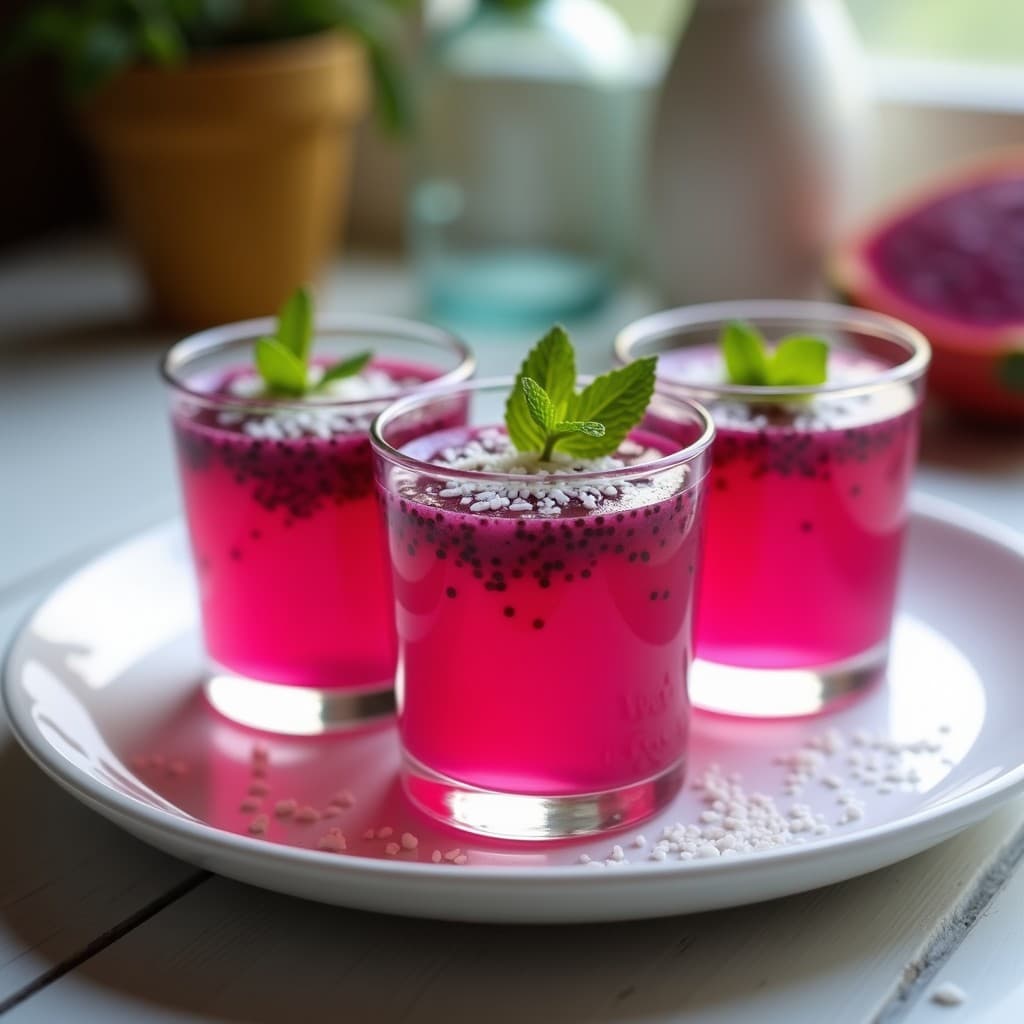 Gelatina de pitahaya y chía servida en copas de vidrio transparente, con capas rosadas y negras de semillas de chía, decorada con coco rallado y hojas de menta sobre un fondo blanco rústico.