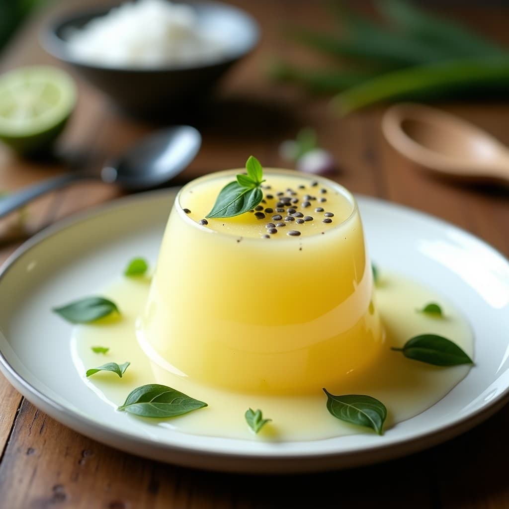 Gelatina tailandesa keto de color verde pálido en copas de cristal, decorada con coco rallado y hojas de stevia, con un fondo de limones kaffir y tallos de lemon grass.