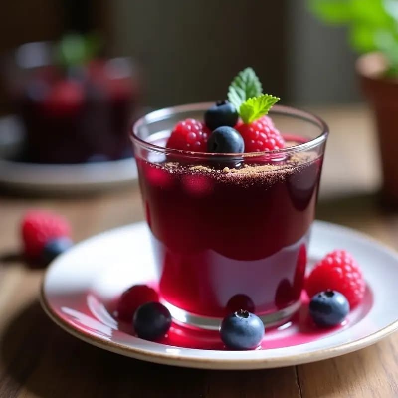 Copa de cristal transparente con gelatina morada oscura de saúco y vino tinto, decorada con frutos rojos frescos y un toque de canela en polvo, sobre un fondo rústico de madera clara.