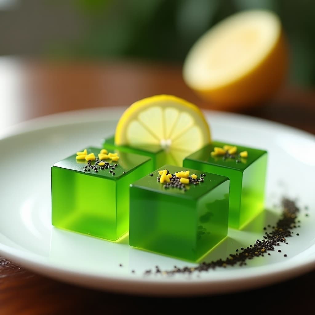 Gelatina de té verde y limón yuzu keto en moldes de silicona transparentes, con color verde esmeralda intenso y textura brillante. Servida en plato blanco con rodaja de limón yuzu y semillas de amapola como decoración.