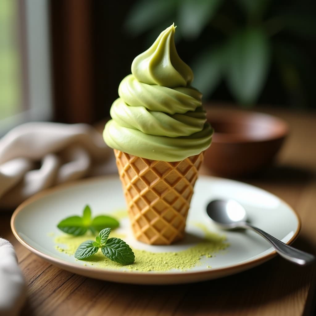 Cucurucho de barquillo dorado con una bola de gelato de matcha y cúrcuma keto, de color verde pálido con vetas doradas, decorado con semillas de sésamo negro y virutas de coco tostado sobre fondo rústico de madera.