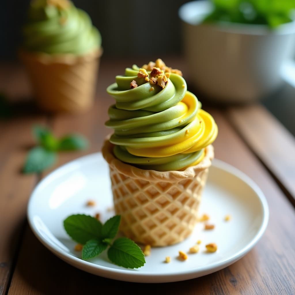 Cucurucho de barquilla relleno de gelato de matcha y cúrcuma con trozos de pistacho tostado, servido sobre un plato de cerámica blanca con fondo de madera rústica y hojas de menta fresca.