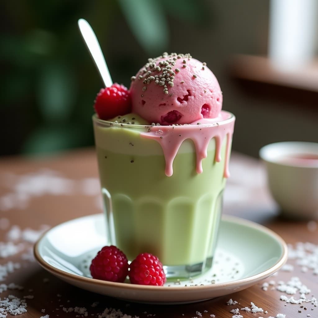 Copa de cristal transparente con gelato de matcha y frambuesas, de color verde claro con vetas rosadas, coronado por frambuesas frescas enteras y bañado con salsa de chocolate blanco vegano brillante. Fondo minimalista con hojas de menta y una cuchara de postre.