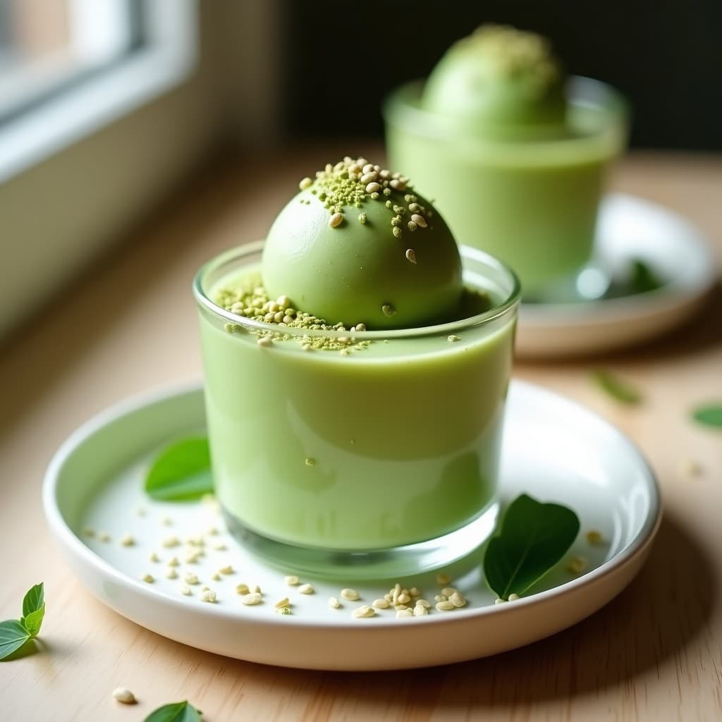 Copa de cristal transparente con gelato de matcha y leche de avena, color verde intenso, textura cremosa y decoración de semillas de chía y matcha en polvo espolvoreado, fondo minimalista con hojas de papel japonés.