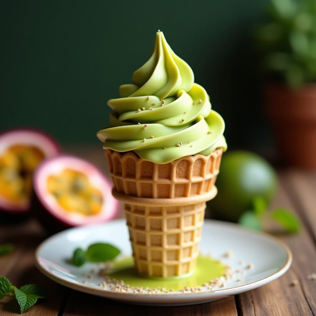 Copas de gelato cremoso color verde pálido y amarillo vibrante, con vetas de maracuyá y decoración de coco rallado. Postre vegano sin azúcar de matcha, maracuyá y aguacate sobre fondo rústico de madera.