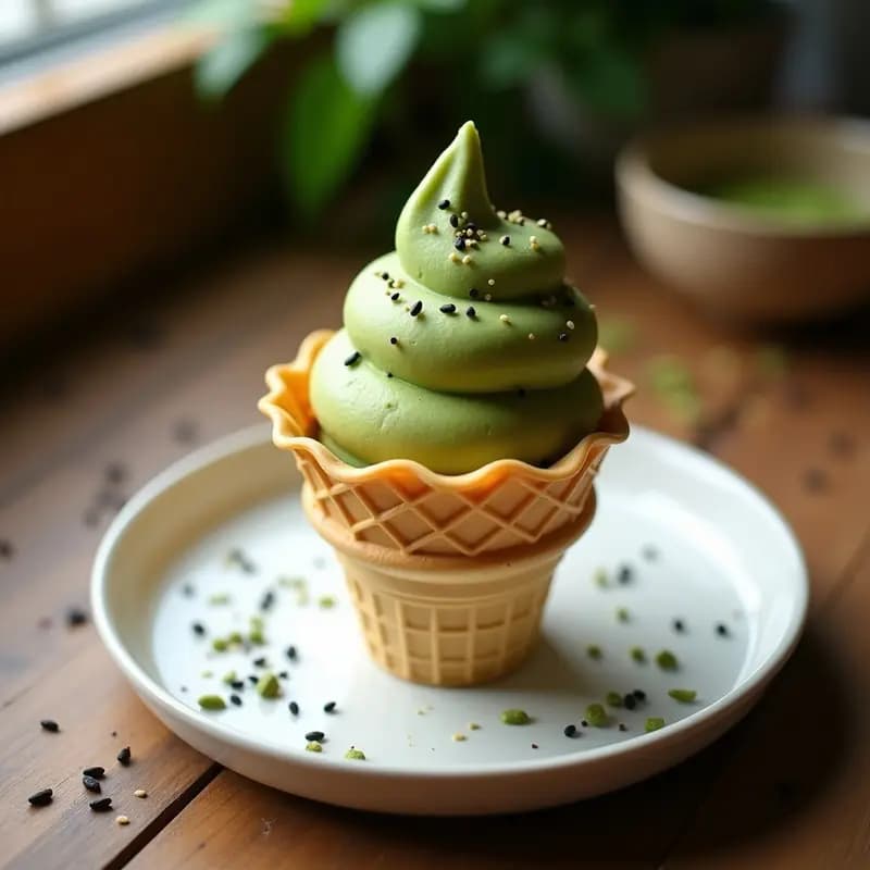 Copa de gelato italiano de color verde pálido con vetas de sésamo negro tostado, servido sobre un plato de cerámica blanca con cuchara de metal y semillas de sésamo esparcidas. Postre sin lactosa y antioxidante.