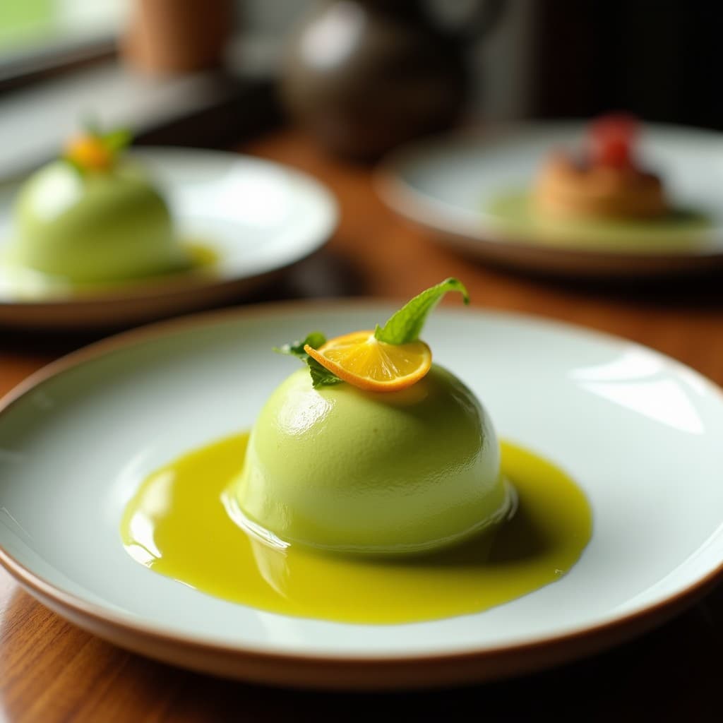 Copa de gelato de matcha y suzuki con textura cremosa y color verde pálido, decorado con ralladura de limón yuzu y semillas de chía, sobre fondo blanco con detalles de hojas de té.