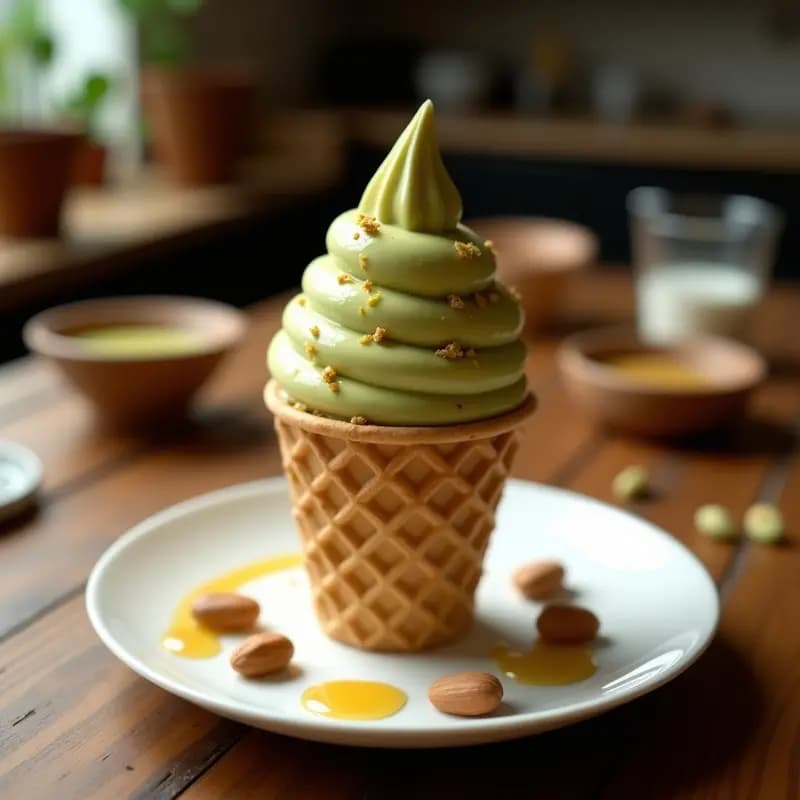 Cucurucho de barquilla con gelato de pistacho y cacao, swirl dorado de miel y virutas de pistacho tostado sobre fondo rústico de madera, postre italiano sin lácteos.