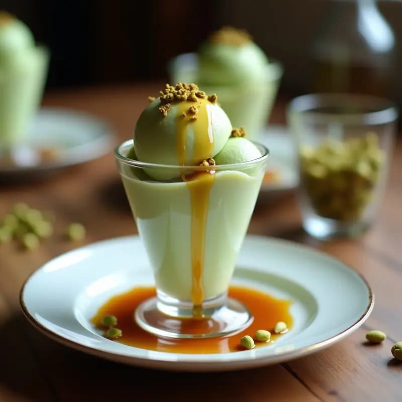 Copa de cristal alta con gelato de pistacho y cardamomo con sirope de arce, decorado con virutas de pistacho tostado y un hilo dorado de sirope. Fondo borroso con más copas y pistachos esparcidos sobre una mesa de madera rústica.