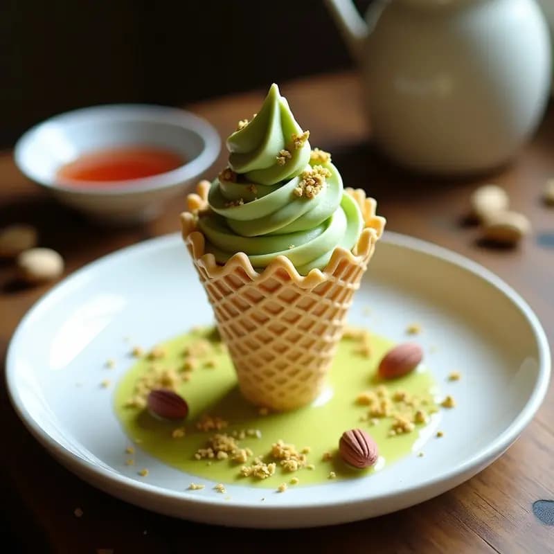 Copa de cristal transparente con gelato de pistacho y cardamomo vegano, decorado con pétalos de rosa comestibles, pistachos picados y un hilo de agua de rosas, sobre un fondo de mármol blanco con hojas de menta.