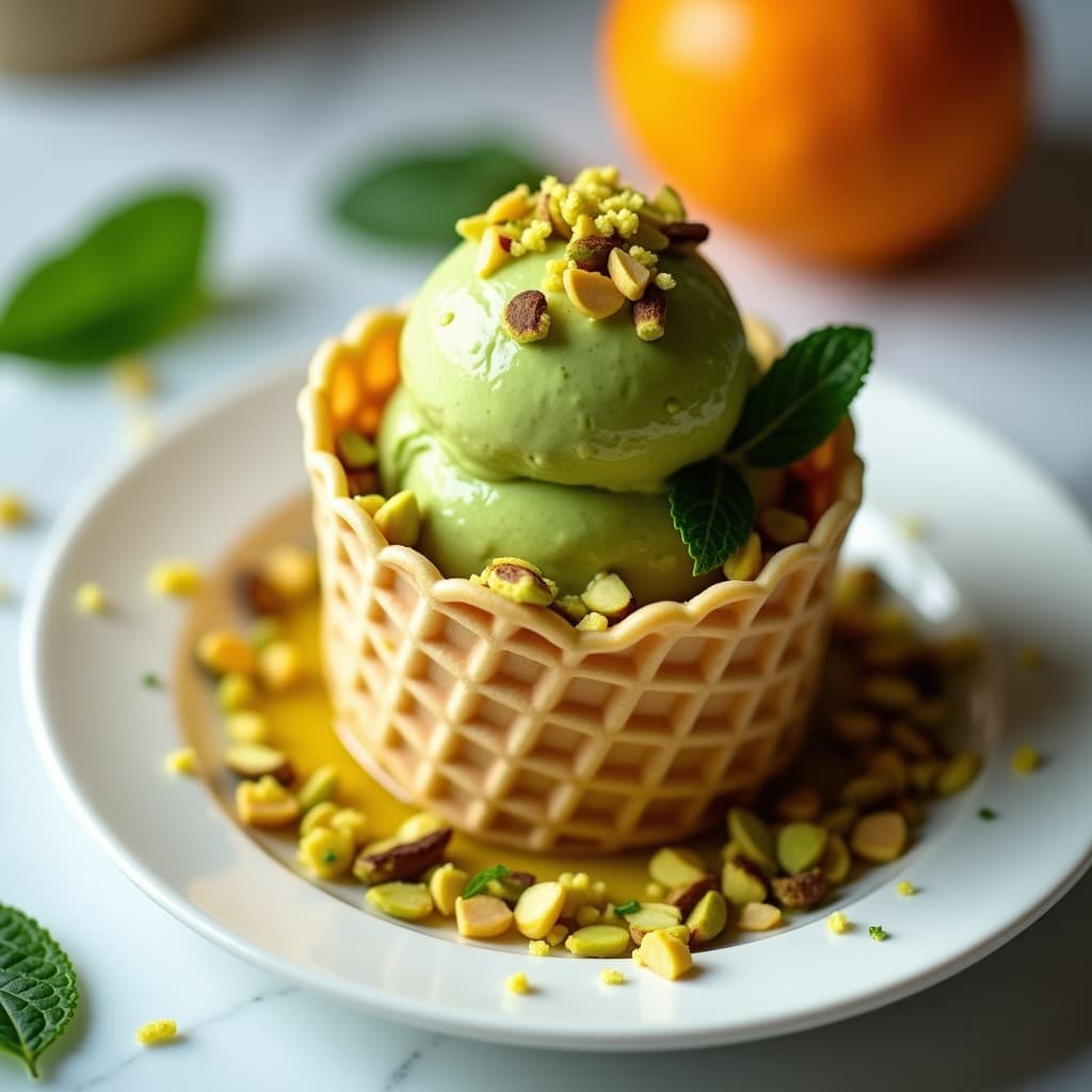 Cucurucho de barquillo con gelato de té verde cremoso, virutas de pistacho tostado y un hilo dorado de miel de azahar, servido sobre fondo blanco con hojas de menta.