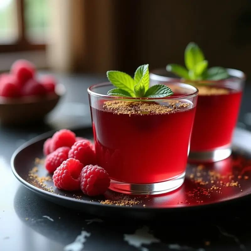 Copas de cristal transparente con gelée de frambuesas y vinagre balsámico, brillante y roja, decorada con polvo de oro comestible y hojas de menta. Postre francés elegante y fotogénico sobre fondo oscuro.