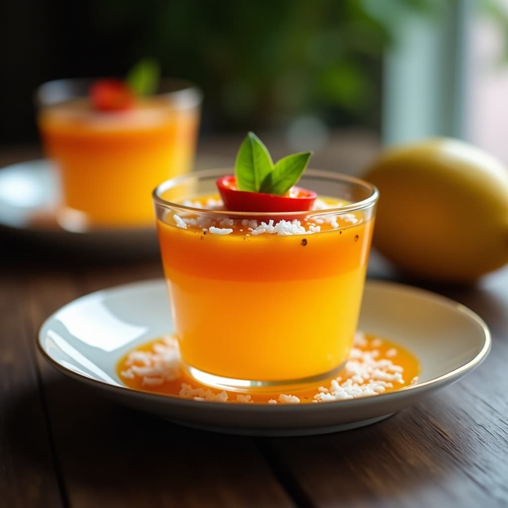 Copa de cristal transparente con gelée de mango dorada en capas, decorada con rodajas de chile habanero rojo, coco rallado y una hoja de lima kaffir fresca. Postre tailandés picante y dulce con textura gelatinosa y brillante.