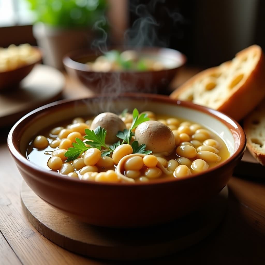 Plato hondo de barro con gígas y almejas en salsa espesa, decorado con perejil fresco y acompañado de pan rústico, receta gallega en Thermomix.