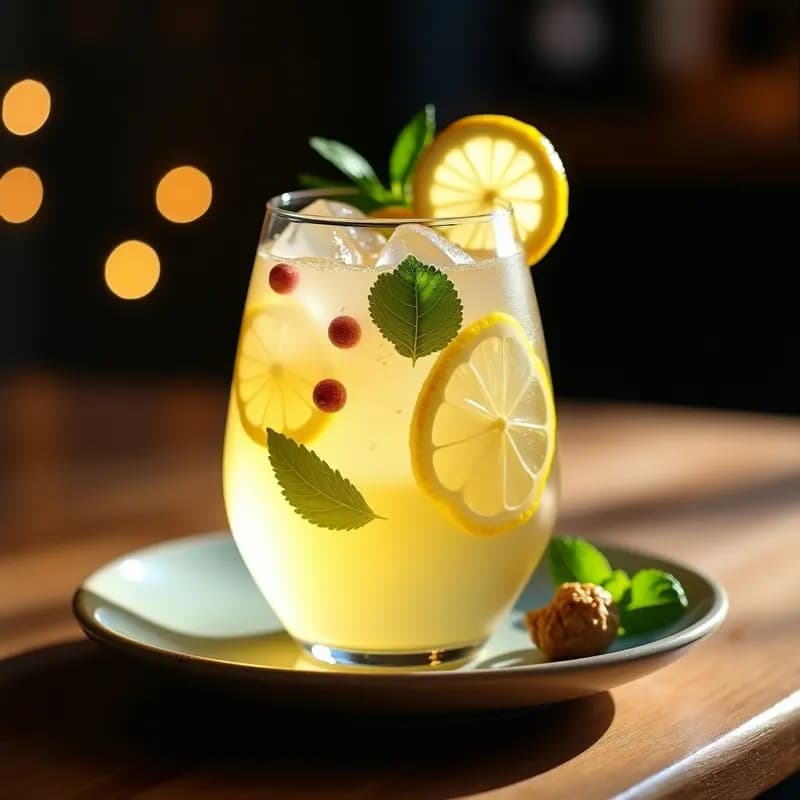 Copa de balón con gin tonic artesanal, rodajas de limón, láminas de jengibre fresco, hielo transparente y pimientas rosas flotando, decorado con hojas de menta.